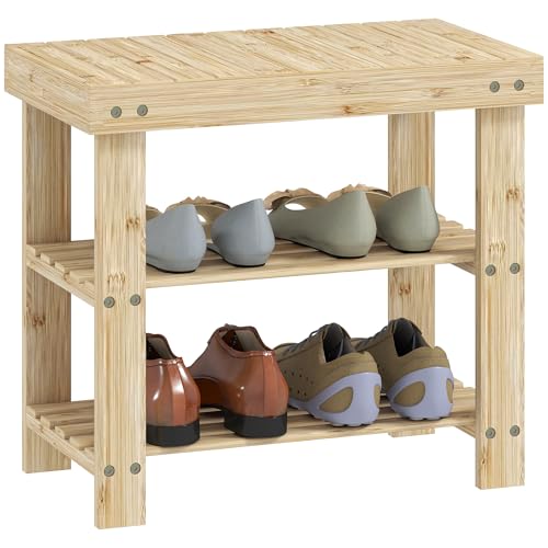 HOMCOM Banco Zapatero de Bambú Zapatero con Asiento Organizador de Zapatos de 3 Niveles para 4 Pares Zapatos para Entrada Salón Dormitorio 50x28x45 cm Natural