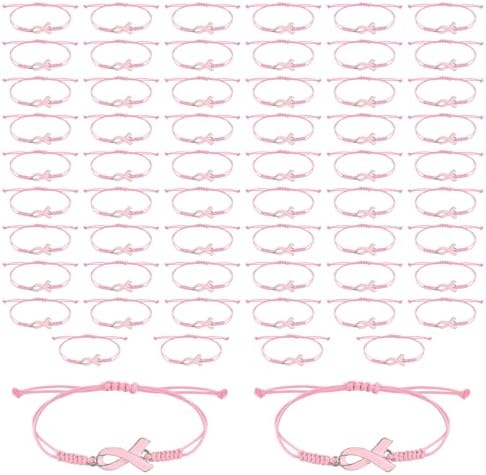 lasuroa 40pcs Breast Awareness Bracelets, Adjustable Cord Pink Ribbon Braided Bracelets Inspirational Accessories for Women Gifts Party Favors Charity Social Items Welfare Event Supplies