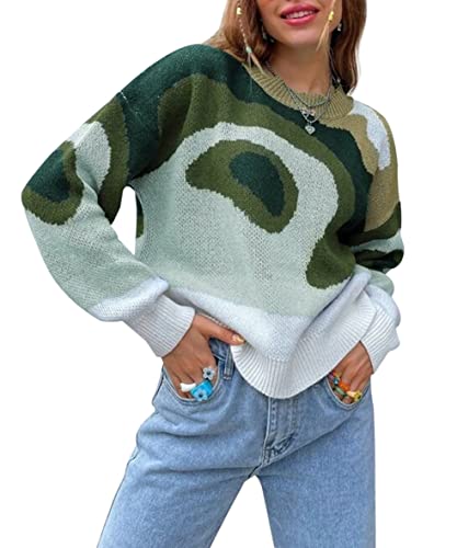 Image of MISSACTIVER Women Casual Knitted Mock Neck Sweater Print Colorblock Long Sleeve Loose Fit Pullover Knitwear