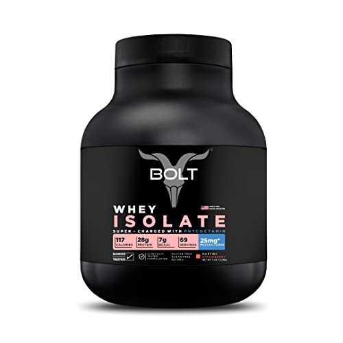 Image of BOLT 100% Whey Protein Isolate|28g Protein Per Serve|With Superfood PHYCOCYANIN|USA Origin & Formulation|Muscle Building|Bone Strength,Immunity,Healthy Skin,Hair & Nails|5LB, 2.268 kg (69 Serving) (Martani Strawberry)
