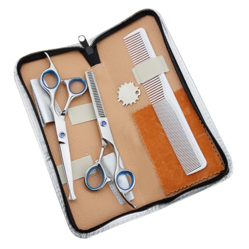 HAMPPLIES 5 Stück Friseurscheren Blau mit Feinschneide Zahnschere Ergonomisch Leicht Inkl Kamm und Aufbewahrungstasche Haarstyling Haarschneiden für Salon und Zuhause Zufällige Farbe