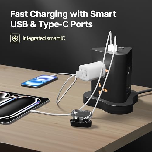 Image of Geonix PowerSpan Fort | Extension Board /Strip, 2500 Watts, 10 Amps, 1x Type C Port, 6X Universal Socket, 2X USB Port, LED Indicator, On /Off Switch, 5mtr Long Pure Copper Cable (Black)