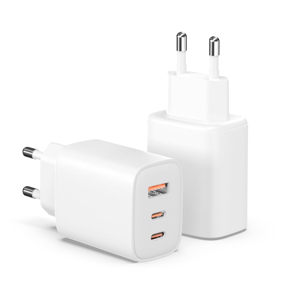 Caricatore rapido 65 W USB C – 3 porte caricabatterie con 2 x USB-C e 1 x USB-A, spina europea bianca, caricabatterie compatto per iPhone 17/16e/15/14/13/12/11, Samsung Galaxy, iPad – per casa e in