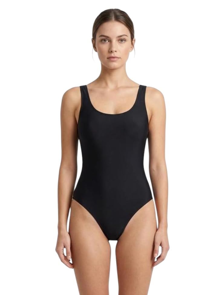 Image of Women's Solid Black One Piece Swimsuit | Classic Scoop Neck Swimwear | Stretchable Quick Dry Bathing Suit for Women | Beach & Pool Wear