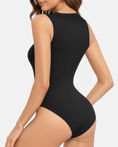 MANGOPOP Sleeveless Bodysuits for Women Crew Neck Tank Top Body Suit Basic Slim Fit Bodysuit Tops, Black, X-Large