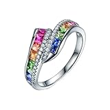 Homxi Anillos Compromiso de Oro Blanco para Mujer 18 Quilates, Geométrico con Rubí Zafiro Tsavorita y Diamante, Anillos de Matrimonio Mujer Plata Multicolor, Talla 9(49mm)
