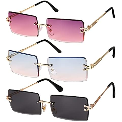 Gaosaili Pack of 3 Rectangular Rimless Sunglasses, Retro Transparent Lens Frameless for Women Men - Square Rimless Sunglasses Cover