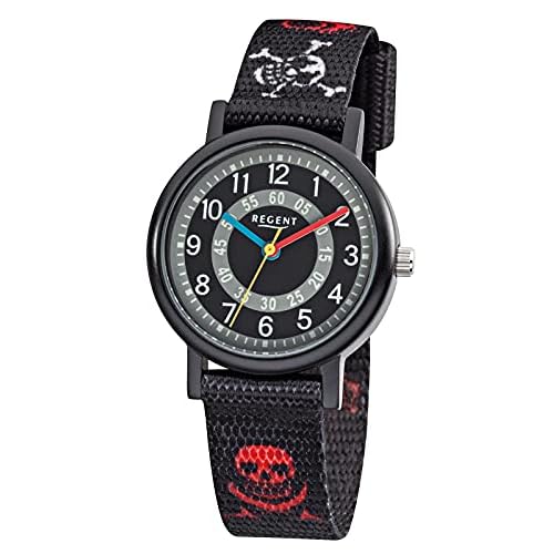 Regent Kinder-Armbanduhr Elegant Analog Textil-Armband schwarz rot weiß Quarz-Uhr Ziffernblatt schwarz grau URF950