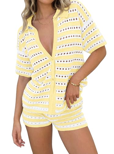Saodimallsu Womens Crochet Swimsuit Coverup Summer 2 Piece Outfits Striped Knit Short Sleeve Button Shirts Shorts Sets Yellow