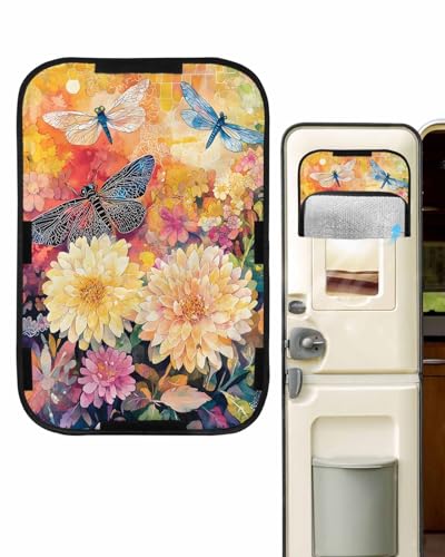 LEOKOTI RV Door Window Shade, Colorful Spring Floral Blackout RV Window Shades Foldable, Summer Botanical Dragonfly Watercolor Privacy Insulation Car Covers 16