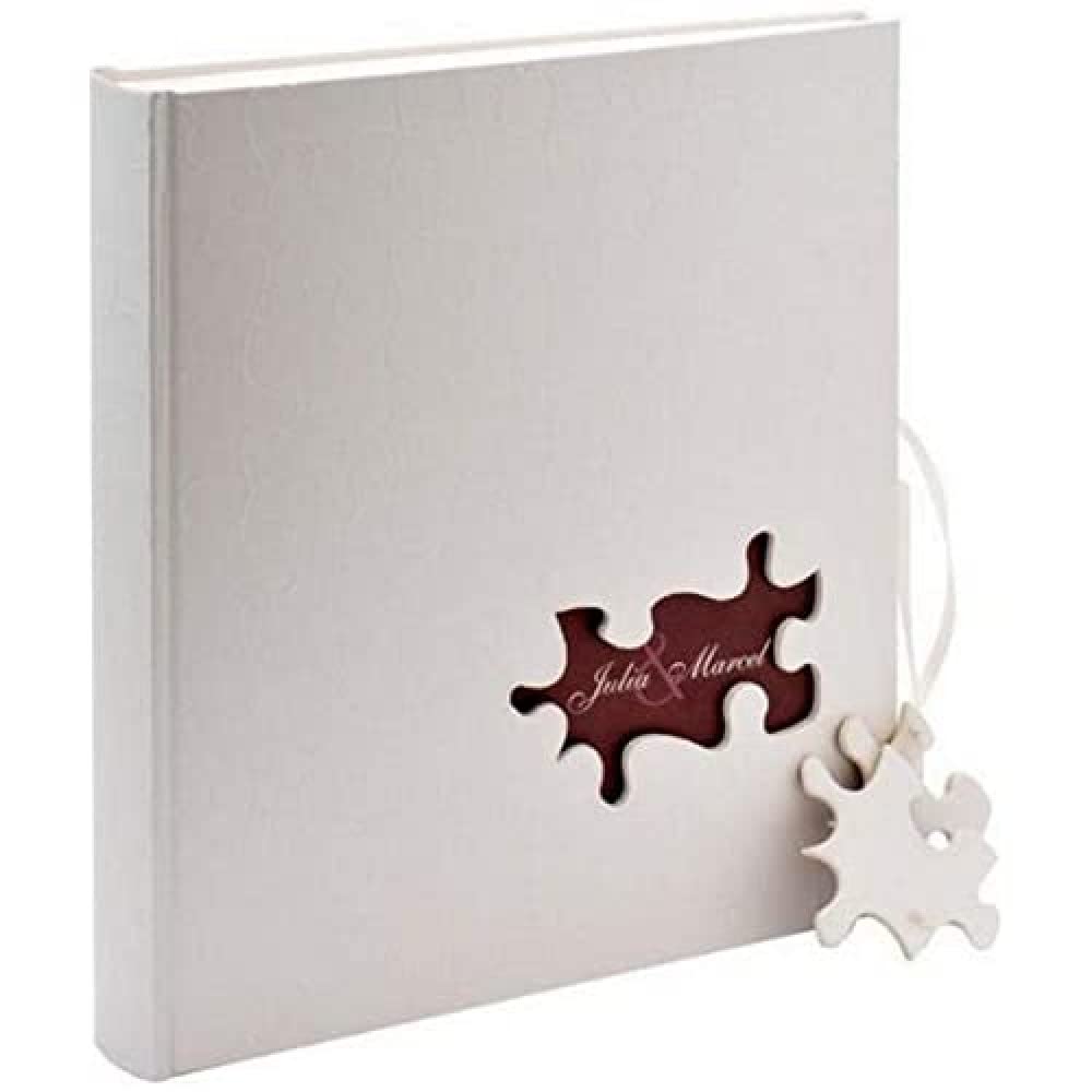Walther design UH-173 Puzzle Book Bound Wedding Album with Linen Cover & Puzzle Pendant on Satin Ribbon, 2 Illustrated Introduction Pages, 11 x 12 inch (28 x 30.5 cm), 60 White Pages,