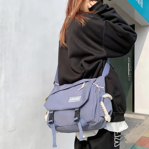 Image of Aesthetic Crossbody Bag with Cute Pins and Ornament, Nylon Shoulder Messenger Bag Japanese Kawaii Bag for Women Men