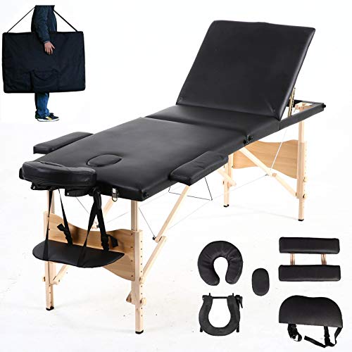 Massage Table Beauty Bed Couch 3-Section Portable Lightweight 15.4kg Wood Frame Oil-Proof Waterproof PU Leather for Therapy Treatment Reiki Salon Healing, 2 Year Warranty