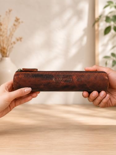 Image of Calfnero Genuine Leather Pen-Case for Men & Women | Premium Leather Pencil-Pouch with Zipper (Kara) | Cylindrical Pen-Holder Organizer for Pen, Pencils & Stationery | Unisex Pen-Sleeve