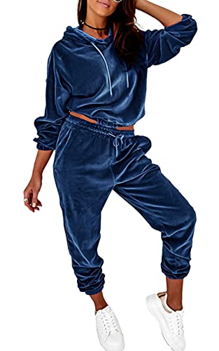 PRETTYGARDEN WomensÂ Velour Tracksuits Set Hooded Pullover Sweatpants Long Sleeve 2 Piece Joggers Outfits (Blue, l)