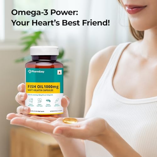 Image of PharmEasy Omega 3 Fish Oil 1000mg Softgel Capsules with 180mg EPA & 120mg DHA for Men & Women, Supports Heart, Brain, Eye & Joint Health, Pack of 60