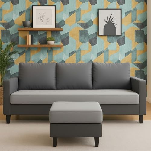 Image of FURNY Arnold 4 Seater L Shape Sofa Set with Movable Ottoman | Flexible Left or Right Layout | Plush Velvet Fabric (Dark Grey-Light Greyl) | Perfect for Living Room, Guest Room & Office