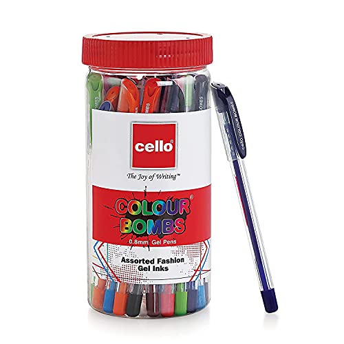 Image of Cello Aspro Mavro Ball Pen | Black Ball Pen | Pack of 50 Colour Bomb Gel Pens | 10 Vivid Ink Colours | Jar of 25 Units
