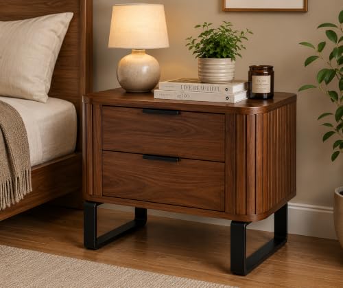 KUBER FURNITURE Solid Wood Bedside Table, Walnut, 2 Drawers Walnut 6 - Image 2