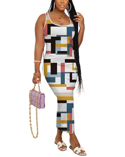 Image of Women Casual Summer Tank Top Dress Ribbed Bodycon Midi Sleeveless Sundress Sundress Basic Slim Fitted Pencil Dresses