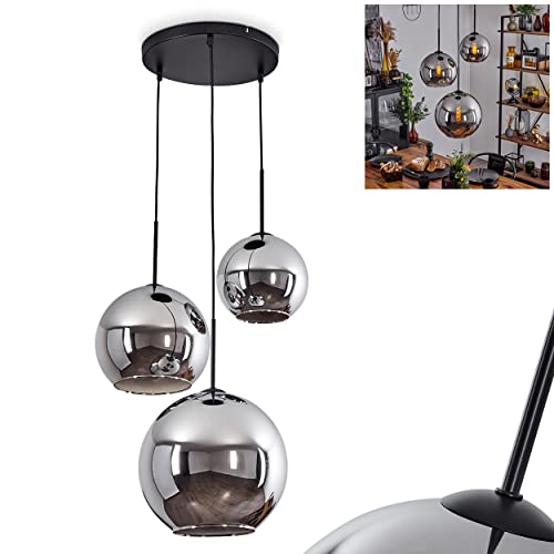 Koyoto Suspension en métal/verre noir/chromé, 3 ampoules au design vintage/rétro avec abat-jour en verre (Ø 20 cm/25 cm/30 cm), hauteur max. 151,5 cm, E27,...