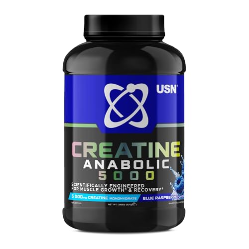 USN Creatine Anabolic 5000 – All-in-One Muscle Growth & Recovery Powder, 5000mg Creatine Monohydrate + 3000mg BCAAs, Low Sugar, Blue Raspberry Flavour, 900g (30 Servings)