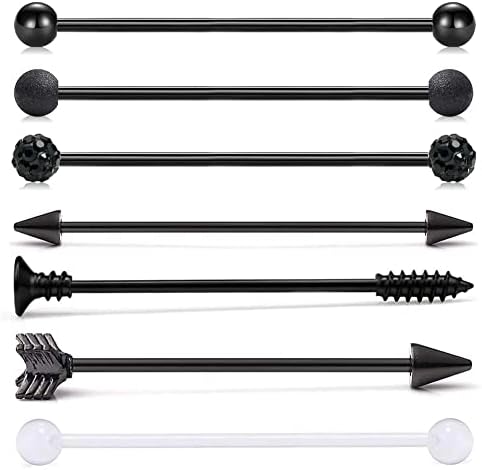 vcmart 7pcs 14G 38mm 1 1/2 inch Black Stainless Steel Industrial Barbell Spike Matte Ball Arrow Screw Crystal Clear Ball Ear Cartilage Helix-Conch Earring Piercing Jewelry