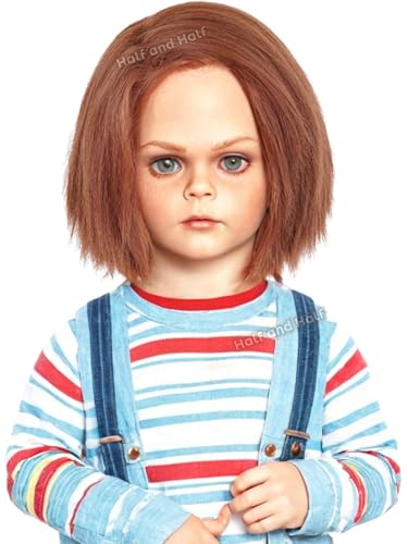 Half and Half Short Brown Creepy Doll-killer Costume Wig Dark Brown Side Part Bob Wigs Synthetic Hair for Halloween Party