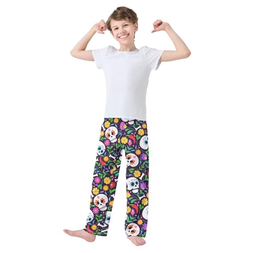 Skull with Colorful Florals Boys Long Pants Soft Trousers Elastic Waist Kids Lounge Bottoms with Pockets S-XL2