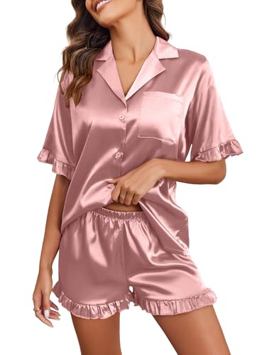 Image of Ekouaer Satin Pajama Set for Women 2 Piece Pj Sets Short Sleeve Sleepwear | Super Soft Silky Summer Loungewear Set with Ruffle Short Sleeve Top and Pocket Shorts, Casual Travel Daily Gift