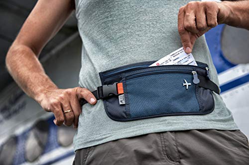 TROIKA Pasek bezpieczeństwa – BLB20/DB – torba na pasek, 2 kieszenie z zamkiem błyskawicznym, płaski, pasek na pieniądze, ochrona przed odczytem RFID, bilety, paszport, dowód osobisty, prawo jazdy,