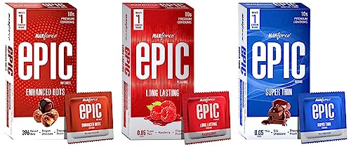Image of Manforce Epic Premium Condoms Combo (Silk Chocolate, Raspberry Flavoured & Belgian Chocolate Flavoured) With Disposable Pouch - 3x10s