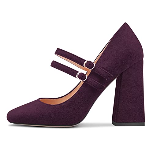 NobleOnly Women Chunky Block High Heel Square Toe Pumps Mary Jane Buckle Party Dress Shoes2