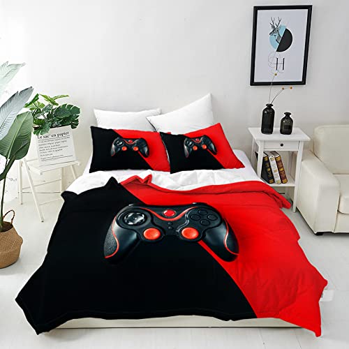 ANHOPE Gamer Duvet Cover Set Soft Lightweight 3Pcs Bedding Set with 2 Pillowcase Black Red Video Game Gamepad Controller Print Pattern Kids Boys Girls Teens Gaming Quilt Cover with Zipper Single Size