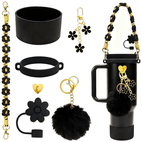 3tyto Stanley Cup Accessories Set Including Water Bottle Handle Strap,Siliocne Straw Cover, Stanley Charms for Stanley Cup (Black Gold)