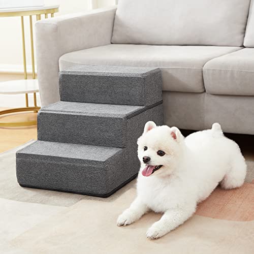 Dog Stairs & Steps For Dogs Cats Holds Up To 60 Lbs,Pawque Pet Steps For High Bed Couch, Shock Absorbing Foam With High-Strength Boards For Pet Safe, Non-Slip Removable Washable Cover, 3 Step-Grey #TOP6