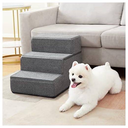 Dog Stairs & Steps for Dogs Cats Holds up to 60 lbs,Pawque Pet Steps for High Bed Couch, Shock Absorbing Foam with High-Strength Boards for Pet Safe, Non-Slip Removable Washable Cover, 3 Step-Grey