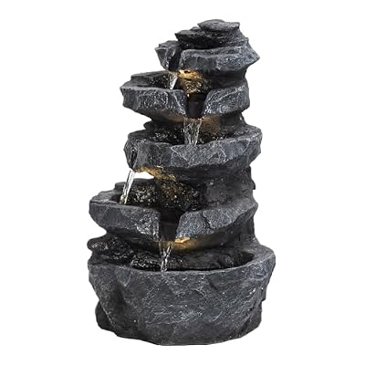 5-Tier Cascading Rock Water Fountain, 22" Outdoor Garden Waterfall Feature, Resin Water Fountain with LED Lights, Weather-Resistant Floor Fountains, Backyard Patio Yard Lawn Decor 1 Set