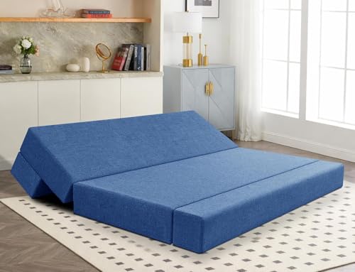 Image of Los Angeles Foldable Four Seater Sofa Cum Bed, Sofa Bed 6 X 6 Ft, Jute Fabric Washable Cover- Including Cushion Perfect for Living Room - Blue
