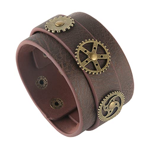 Hzman Steampunk Alloy Gear Leather Wristbands For Men Women Bracelets Cuff Bangle Jewelry Brown Adjustable #TOP4