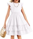 Arshiner Girls Dresses Short Sleeve Cotton Skater Twirly Stretch A-line Solid Color Knee Length Dress for 9-10 Years