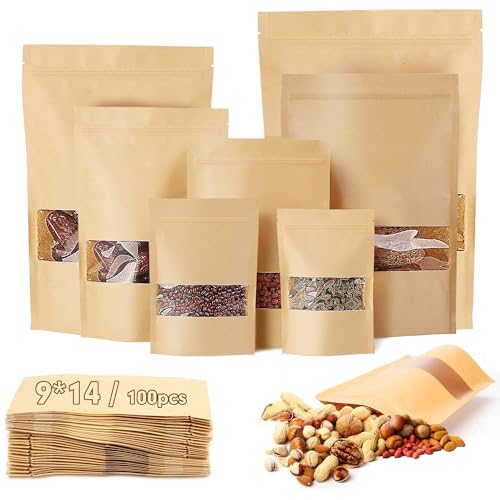 Lot de 40 sachets kraft 9x14 cm fenêtre réutilisables papier marron pour noix, grains de café, feuilles de thé, bonbons, collations