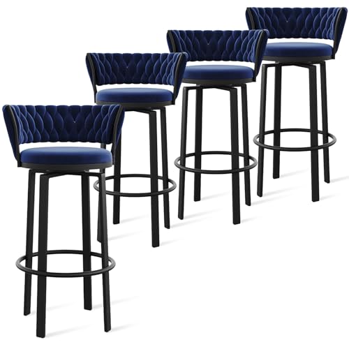 Juego de 4 taburetes giratorios de terciopelo de 360°, parte trasera abierta con diseño tejido, reposapiés dorado, elegantes sillas de comedor para isla de cocina y pub