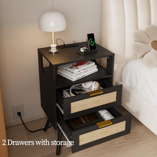 Image of JOONEE Rattan Nightstand with Charging Station,Farmhouse Bedside Table with 2 Storage Drawer and Open Wood Shelf, for Bedroom and Small Spaces,Night Stand with Solid Wood Legs (Black-Outlet)