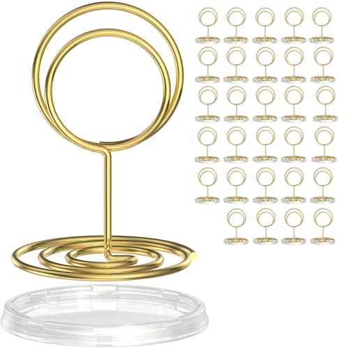 SVEDVK 30 Pack Gold Table Number Holders with Clear Stable Base – Metal Place Card Holders for Table, Photo Picture Stands Card Holders for Wedding Party Banquet Restaurant Events (Gold)