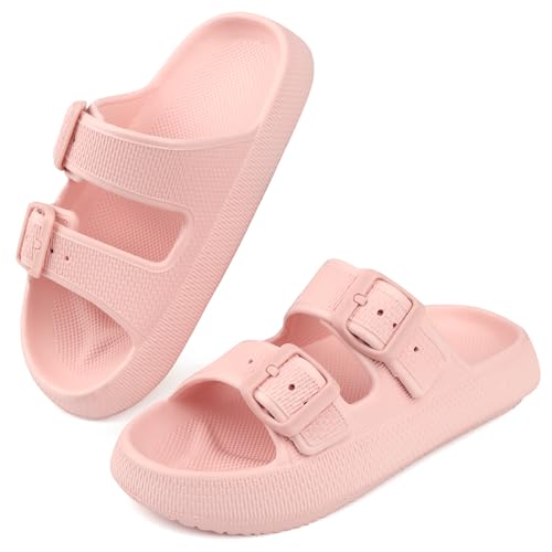 Tsukare Kids Buckle Cloud Slides丨Boys Girls Slip On Sandals丨Youth Shower Flip Flops Beach Pool Shoes Eva Adjustable Summer Slippers(Pink,Size 3-4 Big Kids) cover