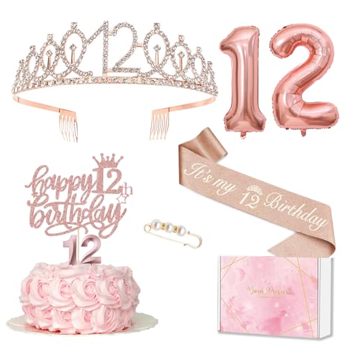 Décoration pour 12e anniversaire fille, 12e anniversaire et écharpe, décoration de gâteau d'anniversaire et bougies, ballon en aluminium rose 12, 12e cadeau pour fille