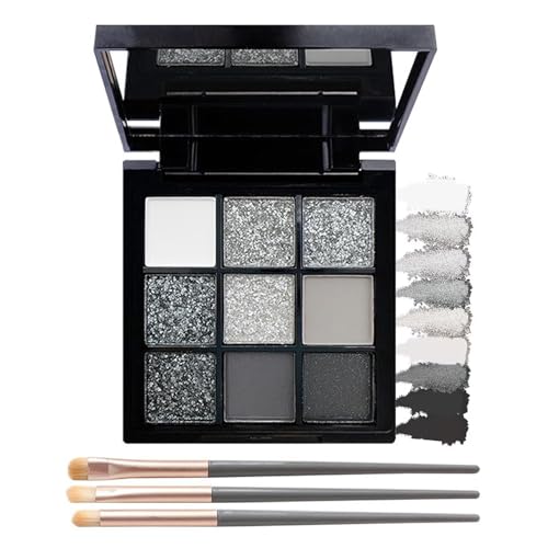 Schwarz Smoky Lidschatten Palette, 9 Farben Goth Eyeshadow Palette Matt & Shimmer, Wasserfest & Wischfest Augen Make Up Palette, Hohe Farbwiedergabe Liedschatenpalete mit 3 Pinsel