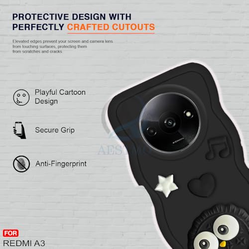 Image of AESTMO Back Case Cover for Redmi A3 | 3D Cute Fun Cartoon Characters | Anti Slip Grip Cute Wave Curly Frame Shape | Full Body Protection Back Cover for Redmi A3 | (Black)