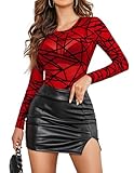 Avidlove Sexy Mesh Top Women Red Long Sleeve Bodysuit for Women Sheer Top Club Outfits(Red,Medium)